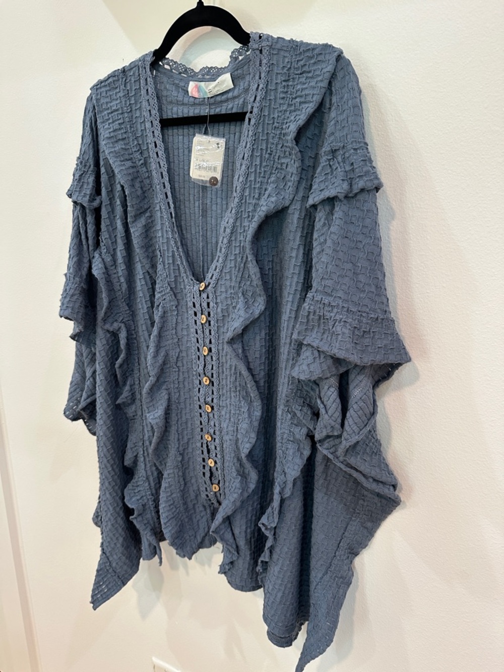Free People Beach Blue Textured Ruffle Button-Front Top - Picture 5 of 11